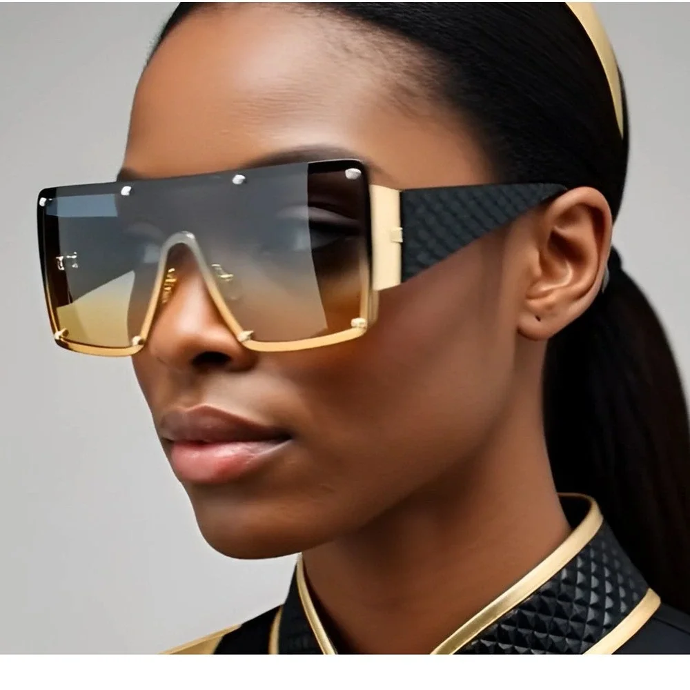 Womens Large Exaggerated Thick Metal Plastic‎ Mod Fashion Rectangle Sunglasses